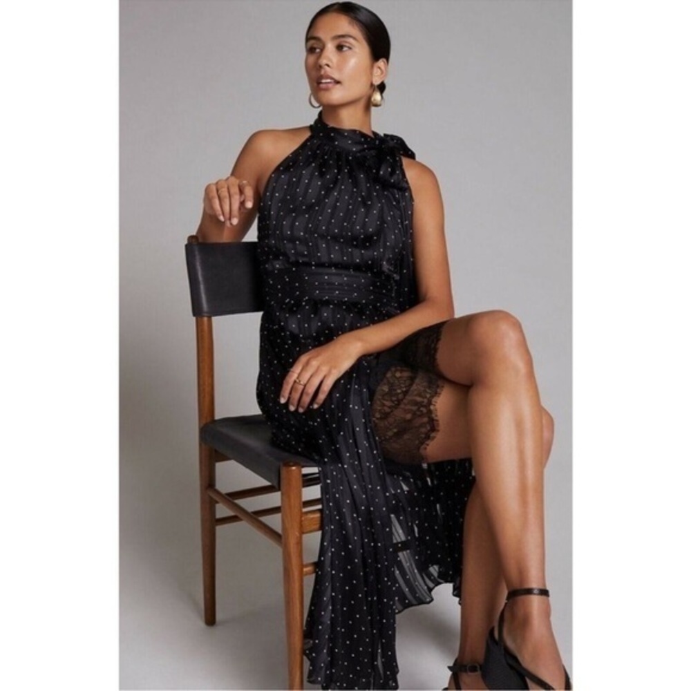 NWT Anthropologie Sachin + Babi Black Polka Dot Halter Midi lace detail Dress 12